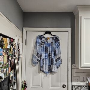 Ruby Rd. Blue and White Patchwork Blouse